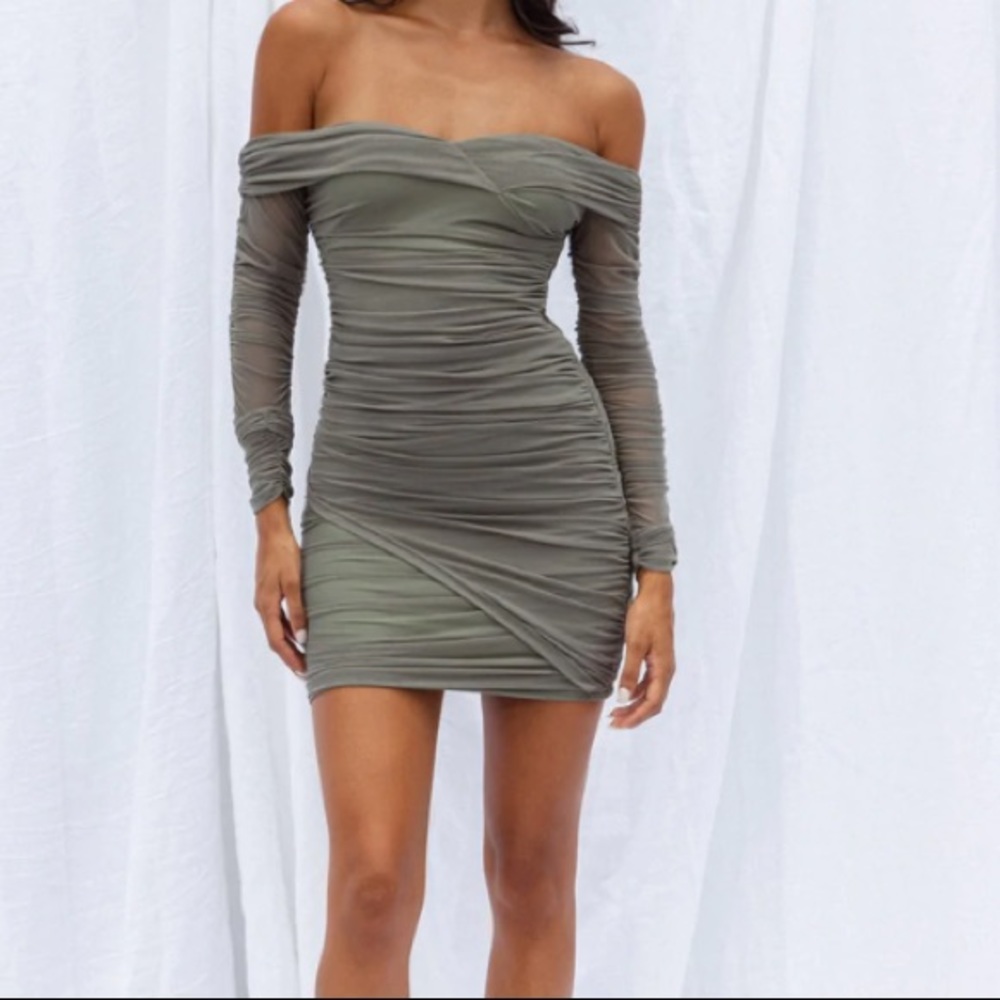 Moonrise Off-Shoulder Crossover Neckline Long Sleeve Ruched Dress Olive